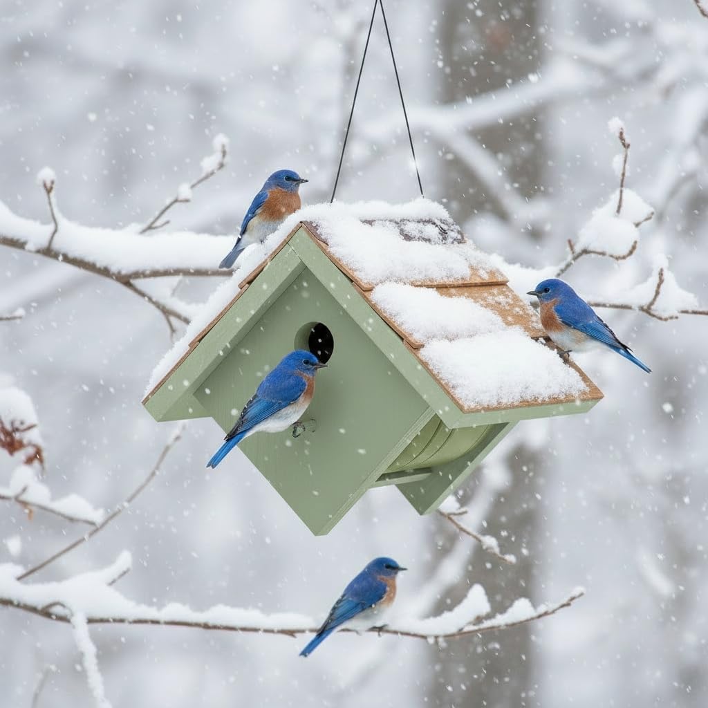 Large Cedar Bluebird House for Outside - Bamboo Shingles Roof Birdhouse for Bluebirds - Weather Proof Metal Protected