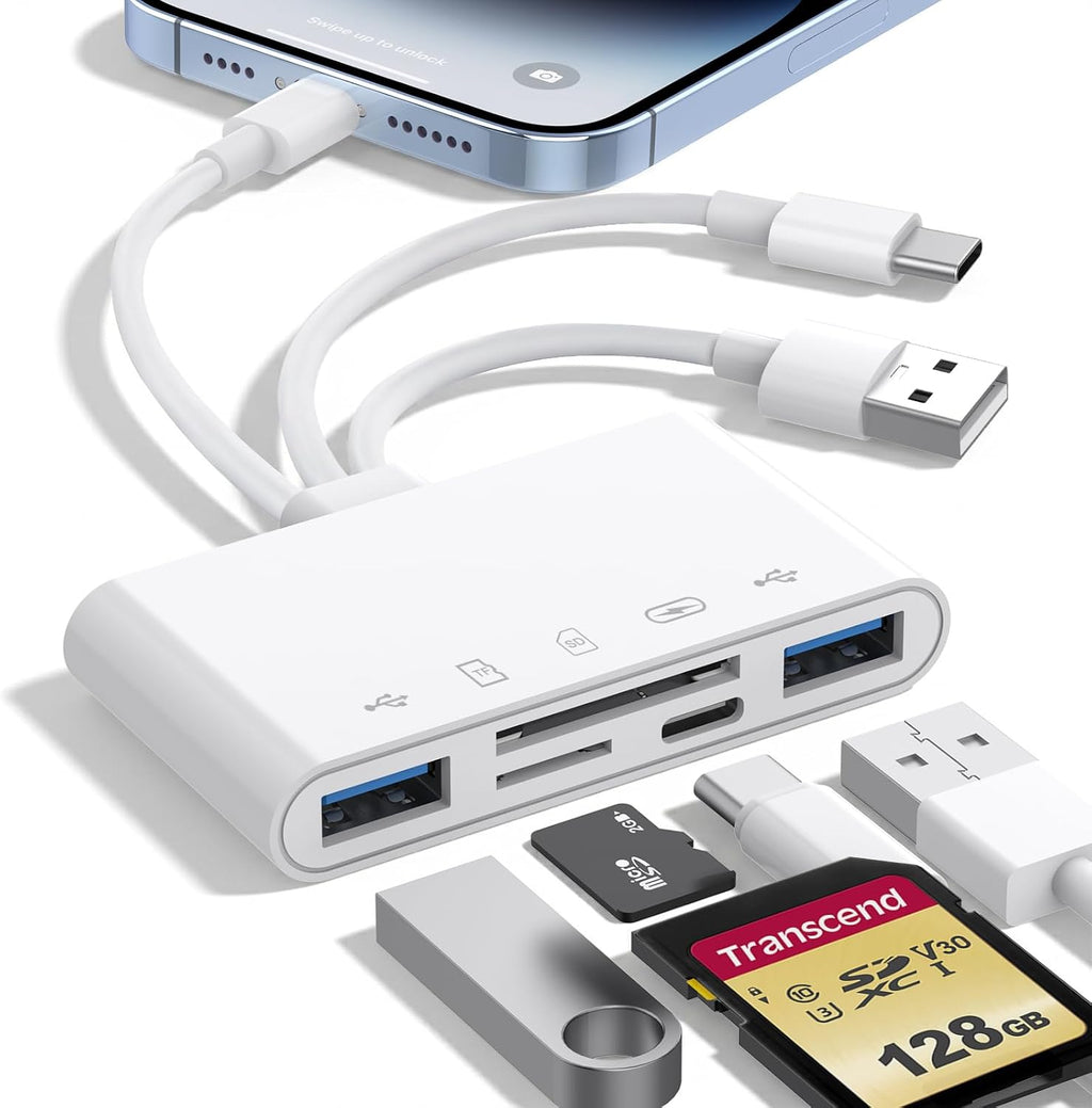 5-in-1 Memory Card Reader, USB OTG Adapter & SD Card Reader for iPhone iPad Mac USB C and USB A Devices with 5 Slots