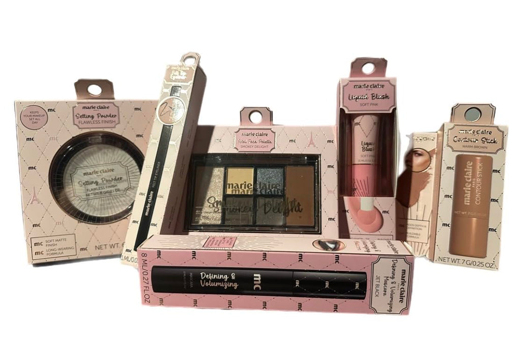 Marie Claire Makeup Set, Smokey Eyeshadow Palette, Contour Stick, Felt Tip Eyeliner, Volumizing Mascara, Soft Pink