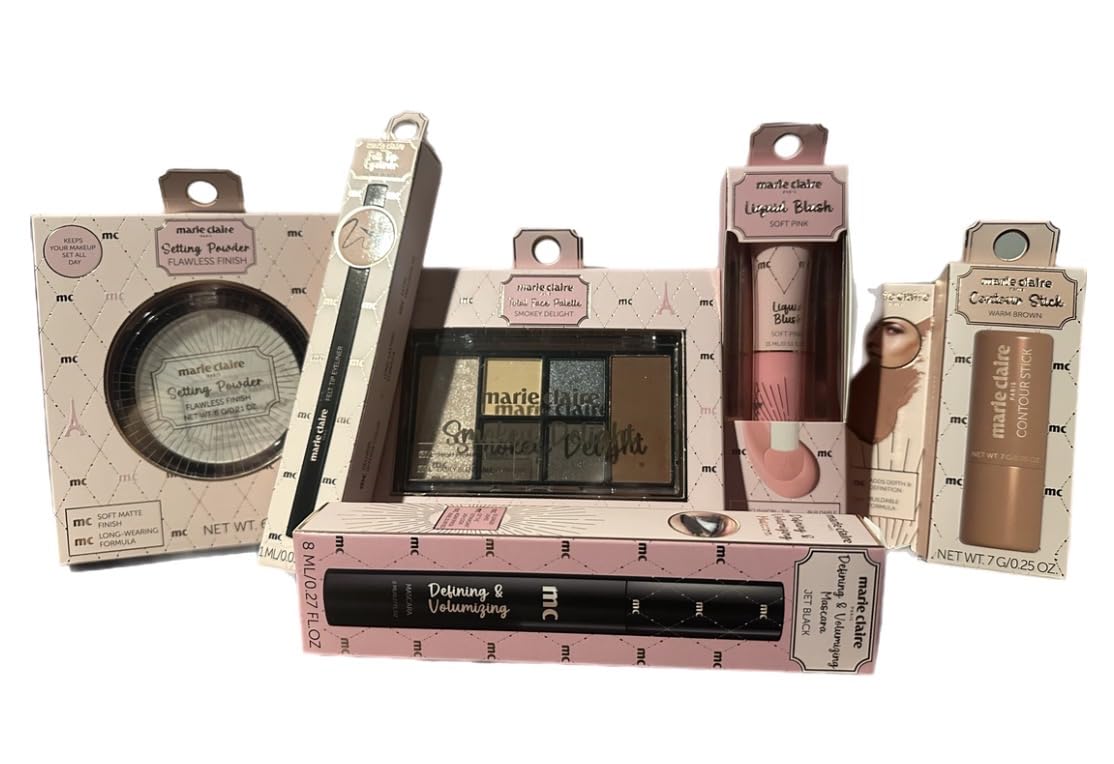 Marie Claire Makeup Set, Smokey Eyeshadow Palette, Contour Stick, Felt Tip Eyeliner, Volumizing Mascara, Soft Pink