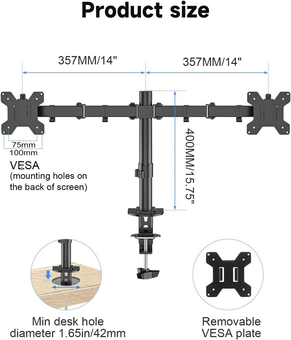 Dual Monitor Desk Mount, Adjustable Dual Monitor Arm for 2 Computer Screens up to 32 inch, Dual Gas Spring Monitor