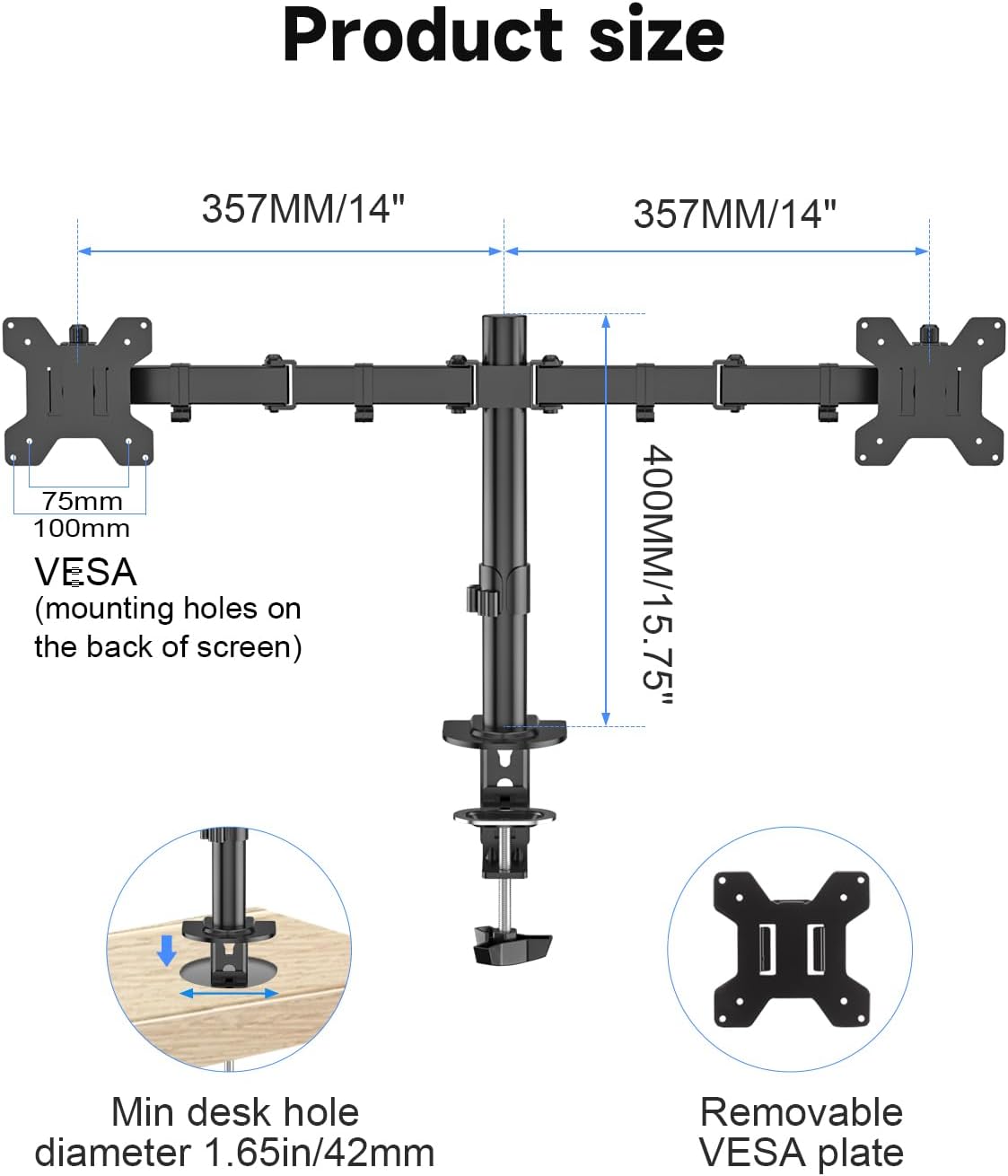 Dual Monitor Desk Mount, Adjustable Dual Monitor Arm for 2 Computer Screens up to 32 inch, Dual Gas Spring Monitor