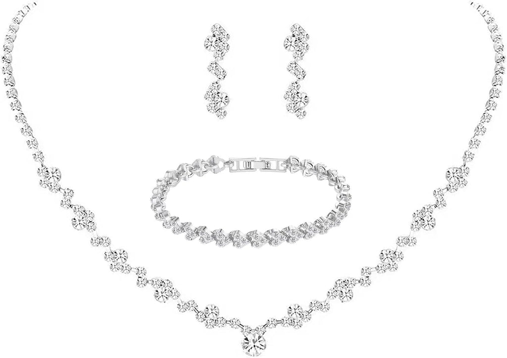 Crystal Wedding Jewelry Set, Silver Necklace Earrings Bracelet Crystal Bridal Wedding Jewelry Sets for Brides
