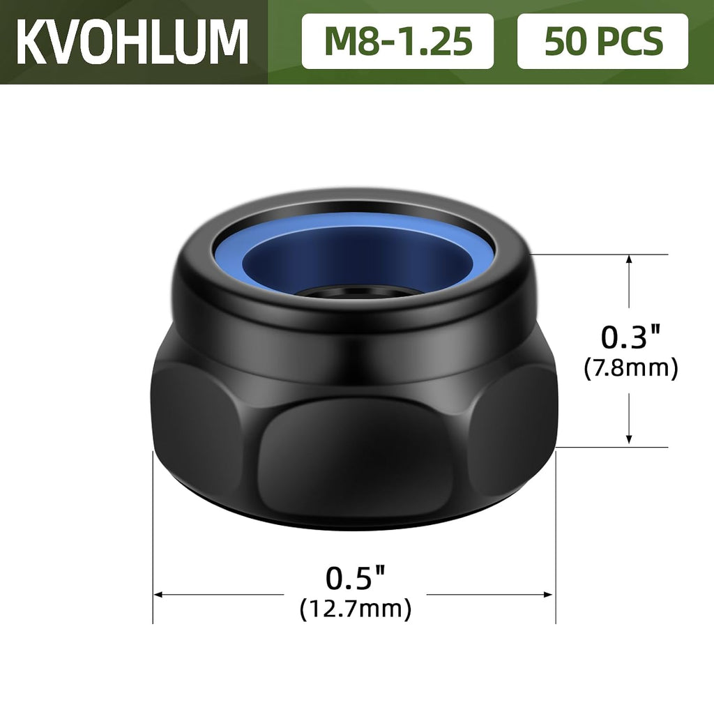 50 PCS M8-1.25 Nylon Insert Locknuts, Standard Metric Thread Self-Lock Nylon Inserted Hex Lock Nuts, Black Coating