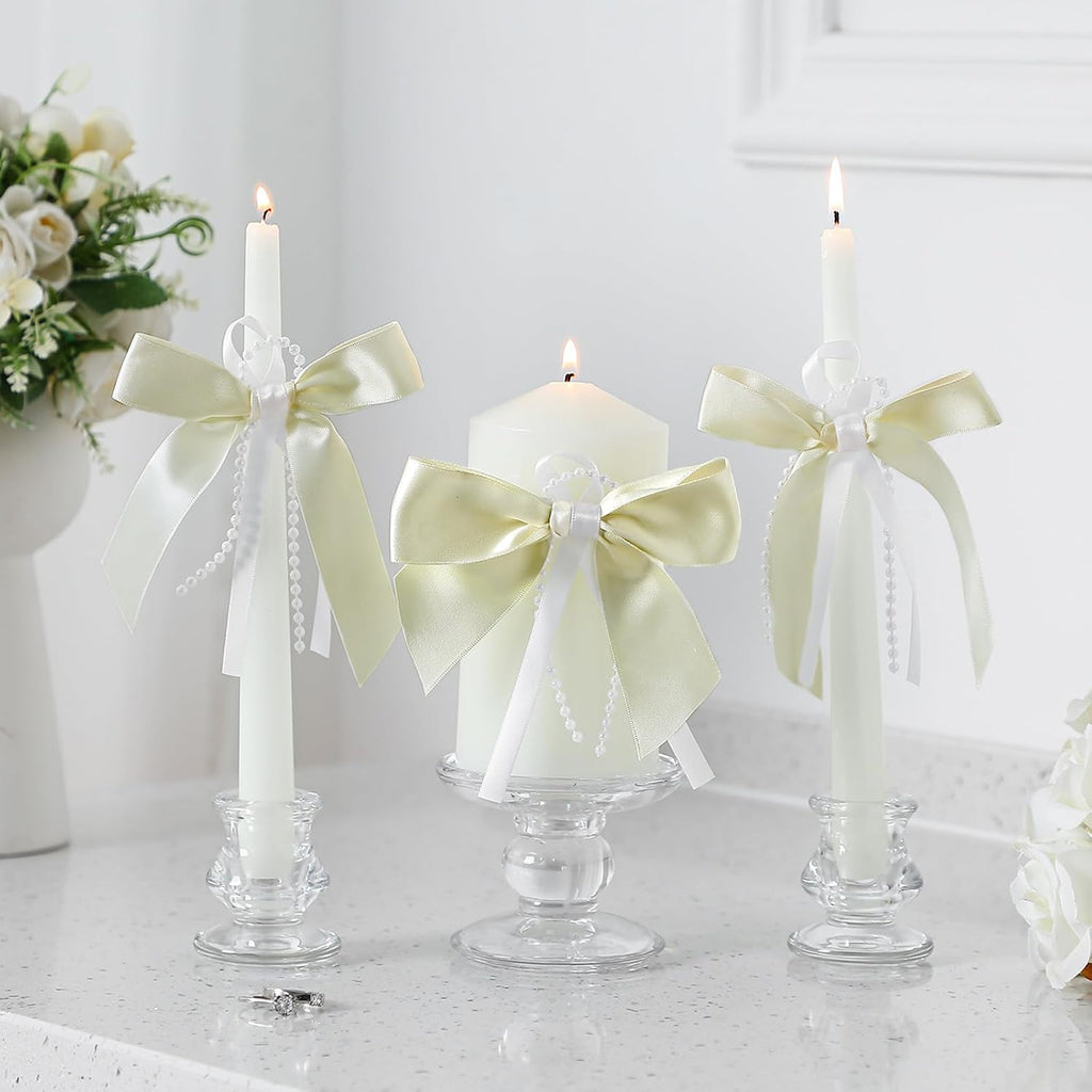 3 Pcs Unity Candles for Wedding with Bow and Holder, Ivory
