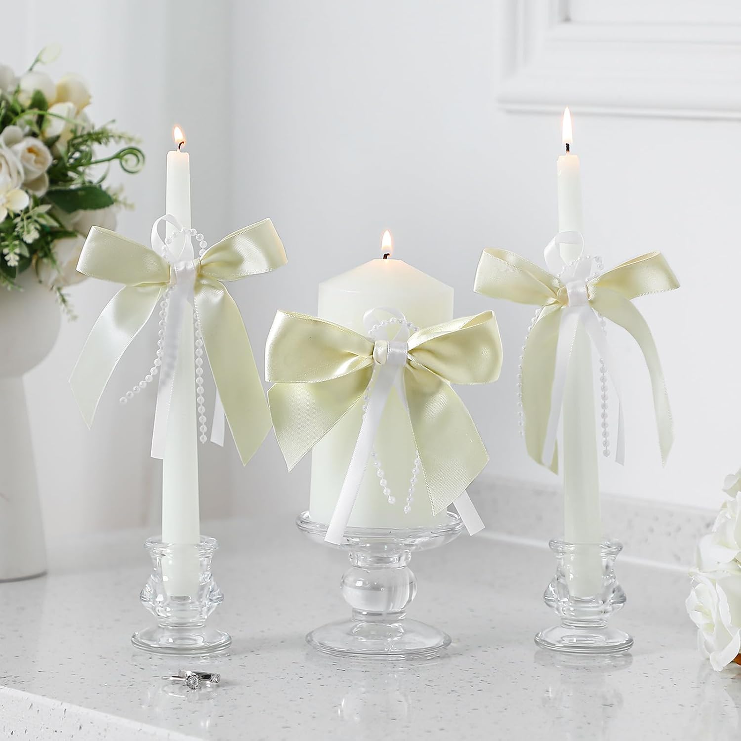 3 Pcs Unity Candles for Wedding with Bow and Holder, Ivory