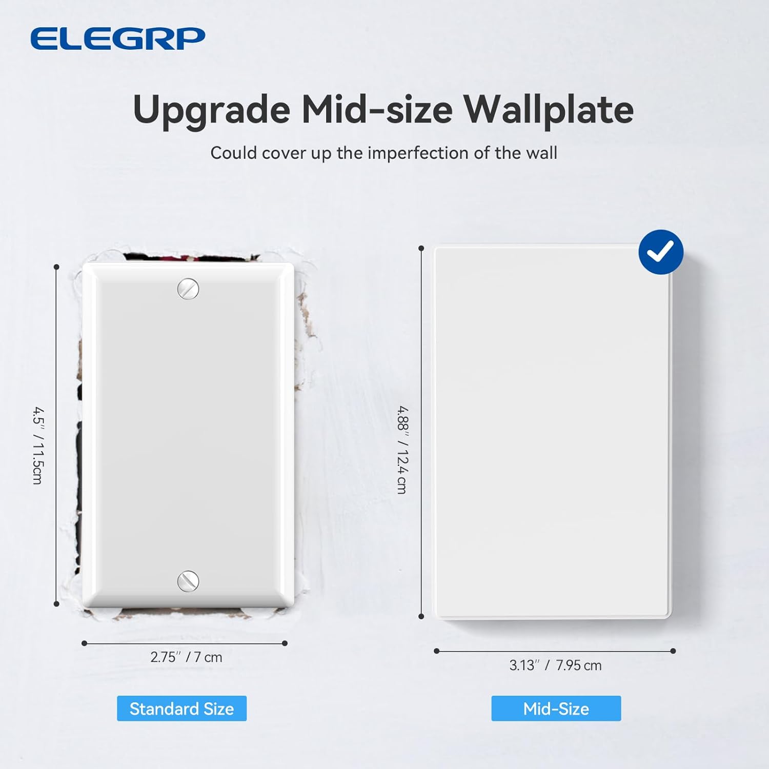 Blank Wall Plate Cover, 1-Gang Screwless Blank Outlet Plate, Mid-Size 4.88" x 3.13" Unbreakable Thermoplastic Blank