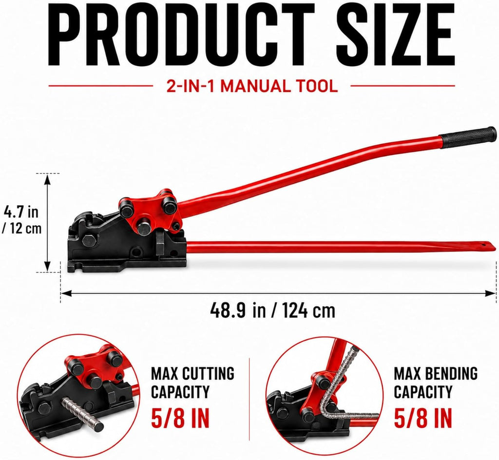 Manual Rebar Bender and Cutter, 2-in-1 Tool for Up to 5/8 Inch Rebar | Heavy Duty Removable Metal Shears and Bending