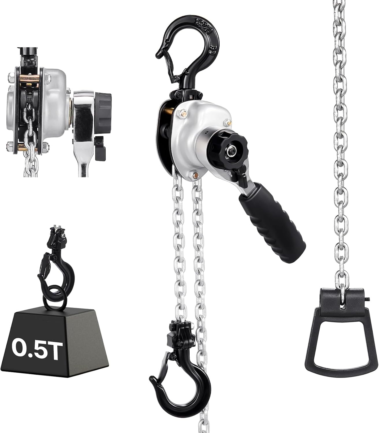 Manual Lever Chain Hoist, 1/2T 1100LBS Capacity Heavy Duty Come Along, 5FT Lift G80 Alloy Steel Chain with Dual Pawl