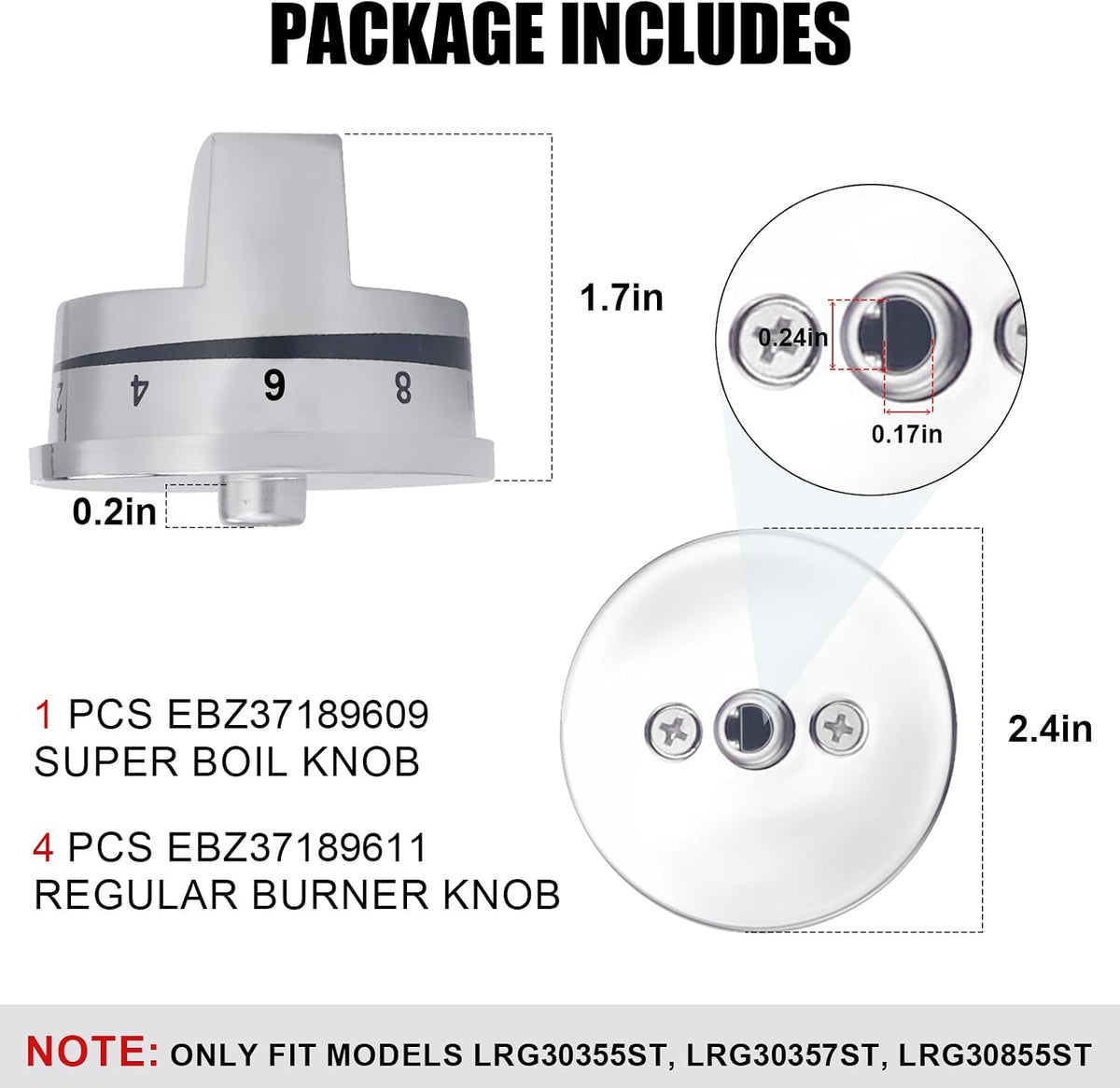 4 Pcs EBZ37189611 Range Burner Knob and 1 Pcs EBZ37189609 Super Boil Burner Control Knob Compatible with L-G LRG30355ST LRG30357ST LRG30855ST Gas Stove Replacement Knobs