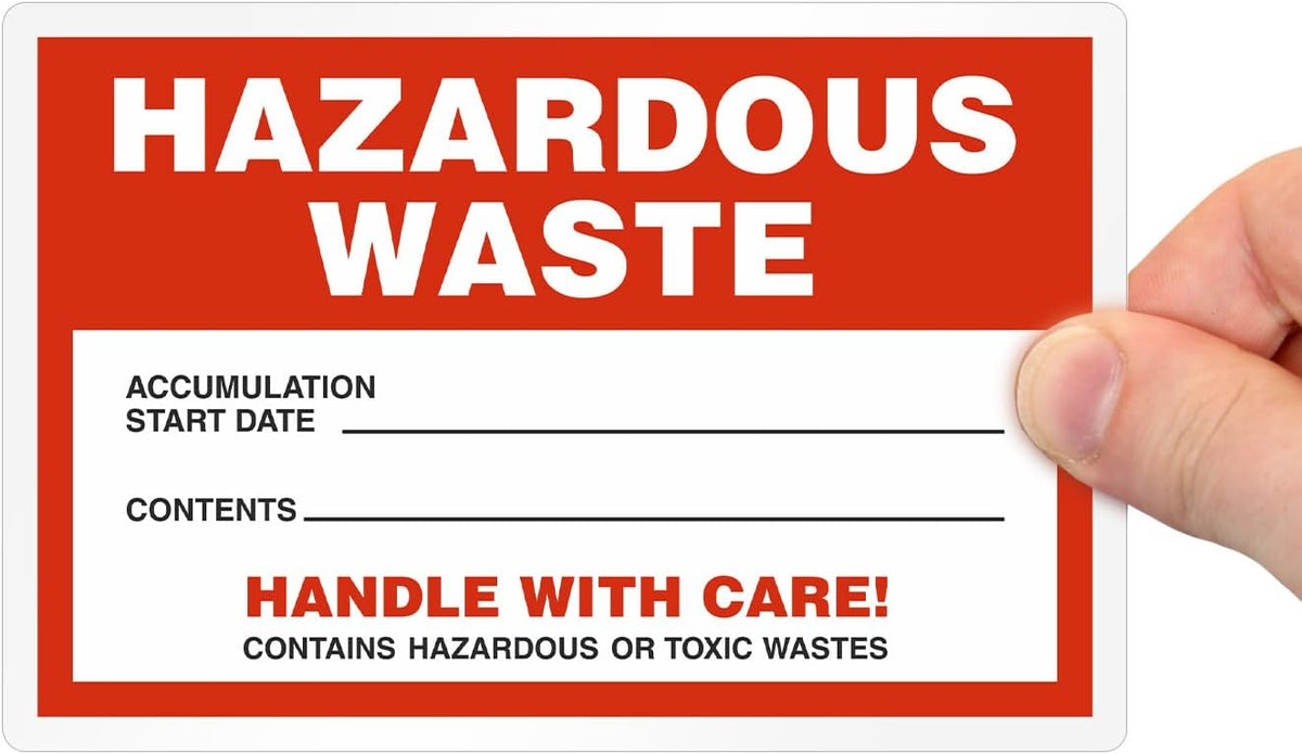 Pack of 100 Hazardous Waste Accumulation Handle with Care Warning Labels in a Roll | 6" x 4" Plastic