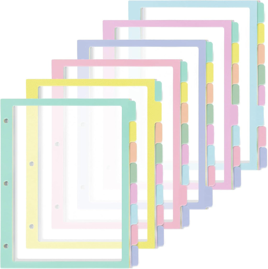 48Pcs/6 Set 8 Tab Dividers for 3 Ring Binder 8 Color Clear Plastic Binder Divider with Tabs 3 Hole Punched Folder