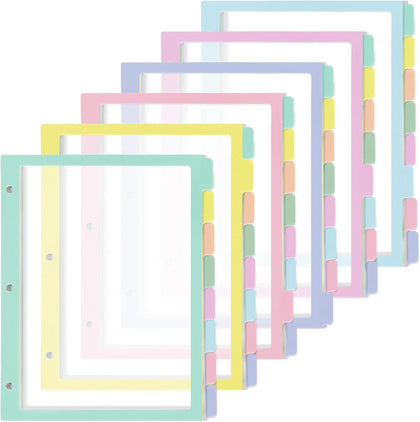 48Pcs/6 Set 8 Tab Dividers for 3 Ring Binder 8 Color Clear Plastic Binder Divider with Tabs 3 Hole Punched Folder