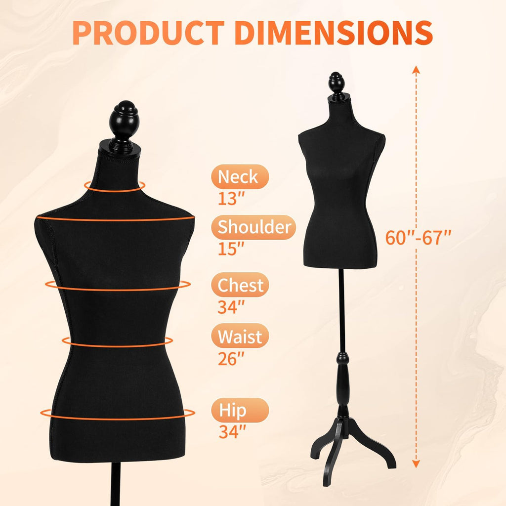 Female Mannequin Torso | Black | with 7" Height Adjustment | High-Density Foam with Wood Tripod Stand | Secure Fit