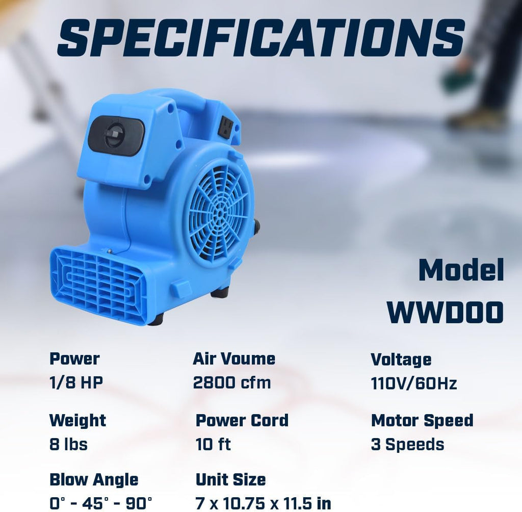 1/8 HP 600 CFM Air Mini Mover Carpet Dryer Floor Fan with High-Power Airflow for Fast Drying WWD00