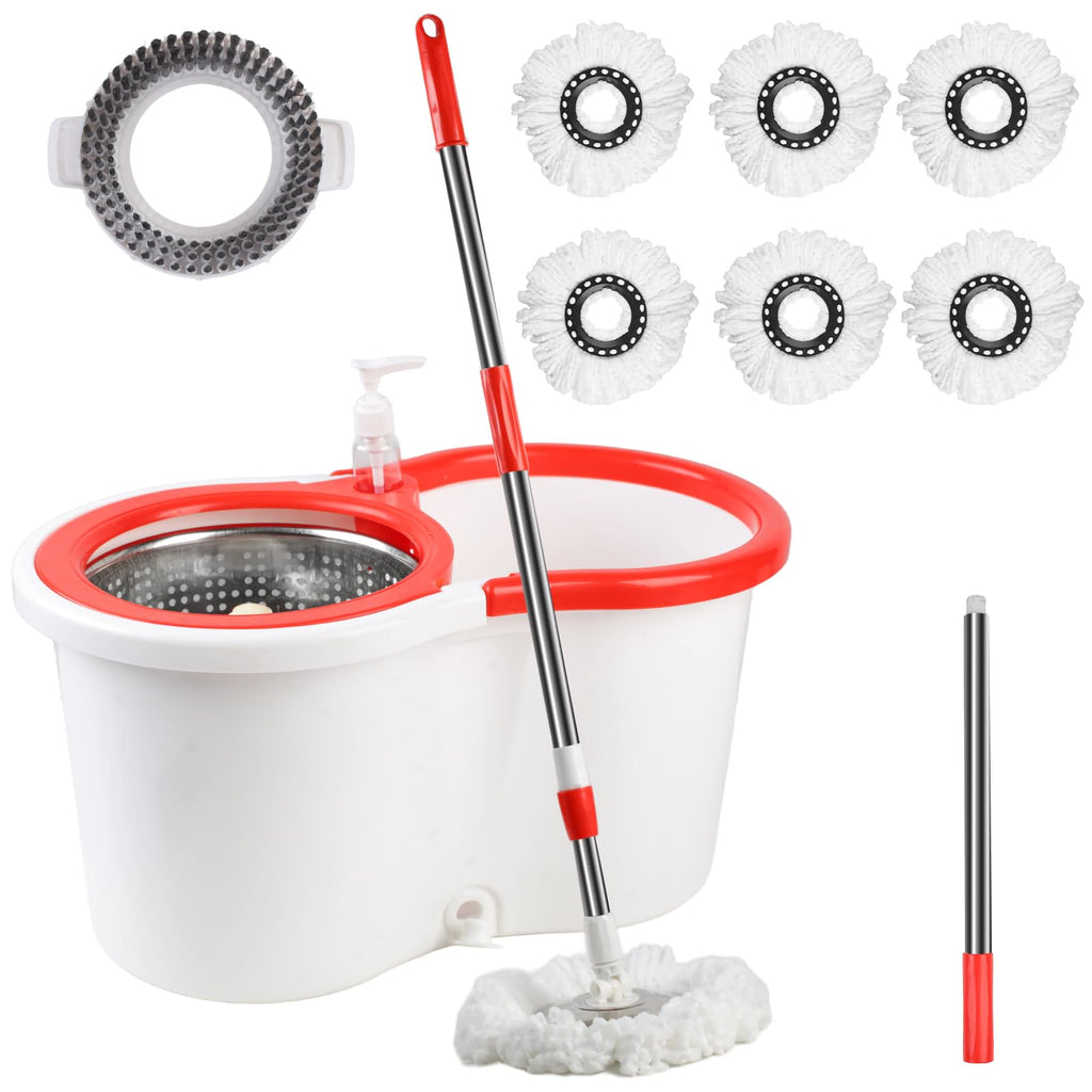 Spin Mop and Bucket with Wringer Set, 6 Microfiber Mop Heads, 61" Handle