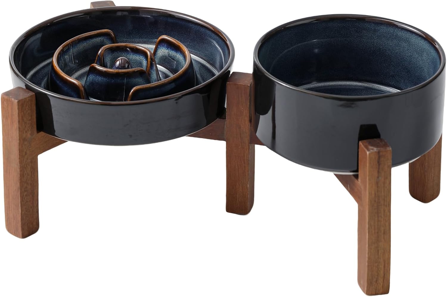 1.2 Cup Elevated Slow Feeder Dog Bowls, 7.3” Dog Slow Feeding Bowls + 6.1” Ceramic Dog Water Bowls Set with Acacia