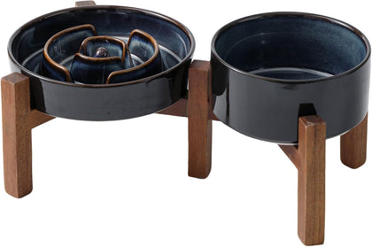 1.2 Cup Elevated Slow Feeder Dog Bowls, 7.3” Dog Slow Feeding Bowls + 6.1” Ceramic Dog Water Bowls Set with Acacia