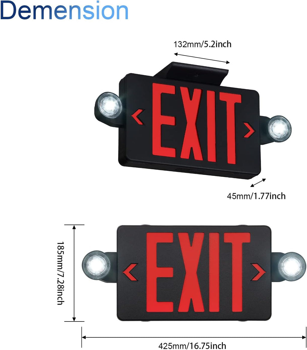Black Housing Exit Sign with Emergency Lights Red, LED Emergency Exit Light with Battery Backup, UL 924 Certified, AC