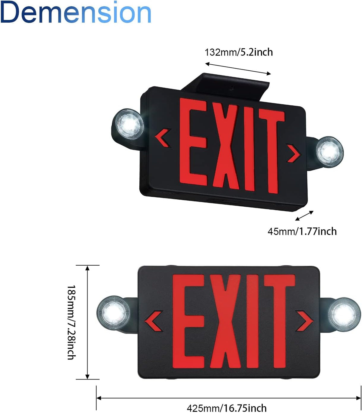 Black Housing Exit Sign with Emergency Lights Red, LED Emergency Exit Light with Battery Backup, UL 924 Certified, AC