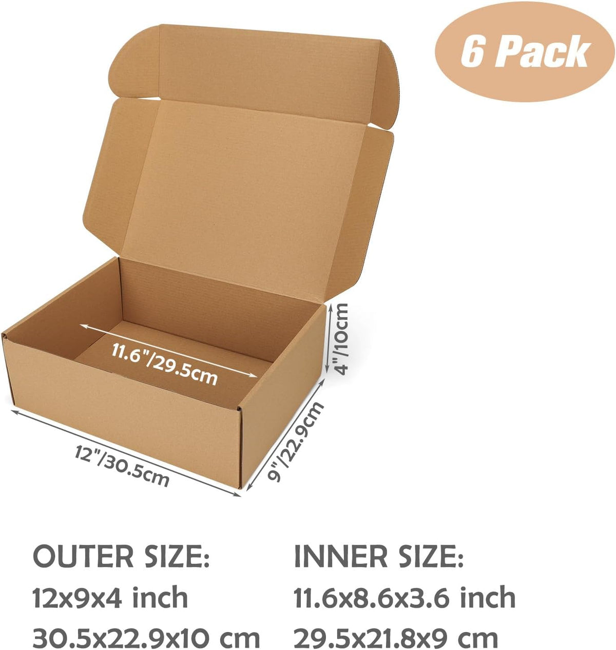 12x9x4 inch Cardboard Shipping Boxes, Set of 6 Gift Boxes, Brown