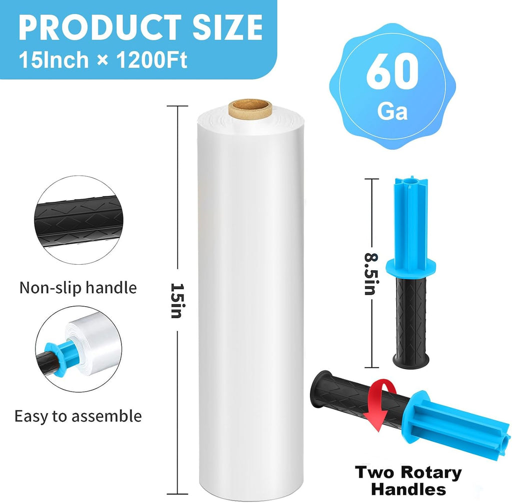 4 Pack Stretch Film with 2 Handles, 15" x 1200Ft Per Roll, 60 Gauge