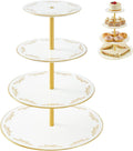 4-Tier Cupcake Stand Tower, British Style Porcelain Tiered Tray with Golden Trim & Pattern, Food Grade Dessert