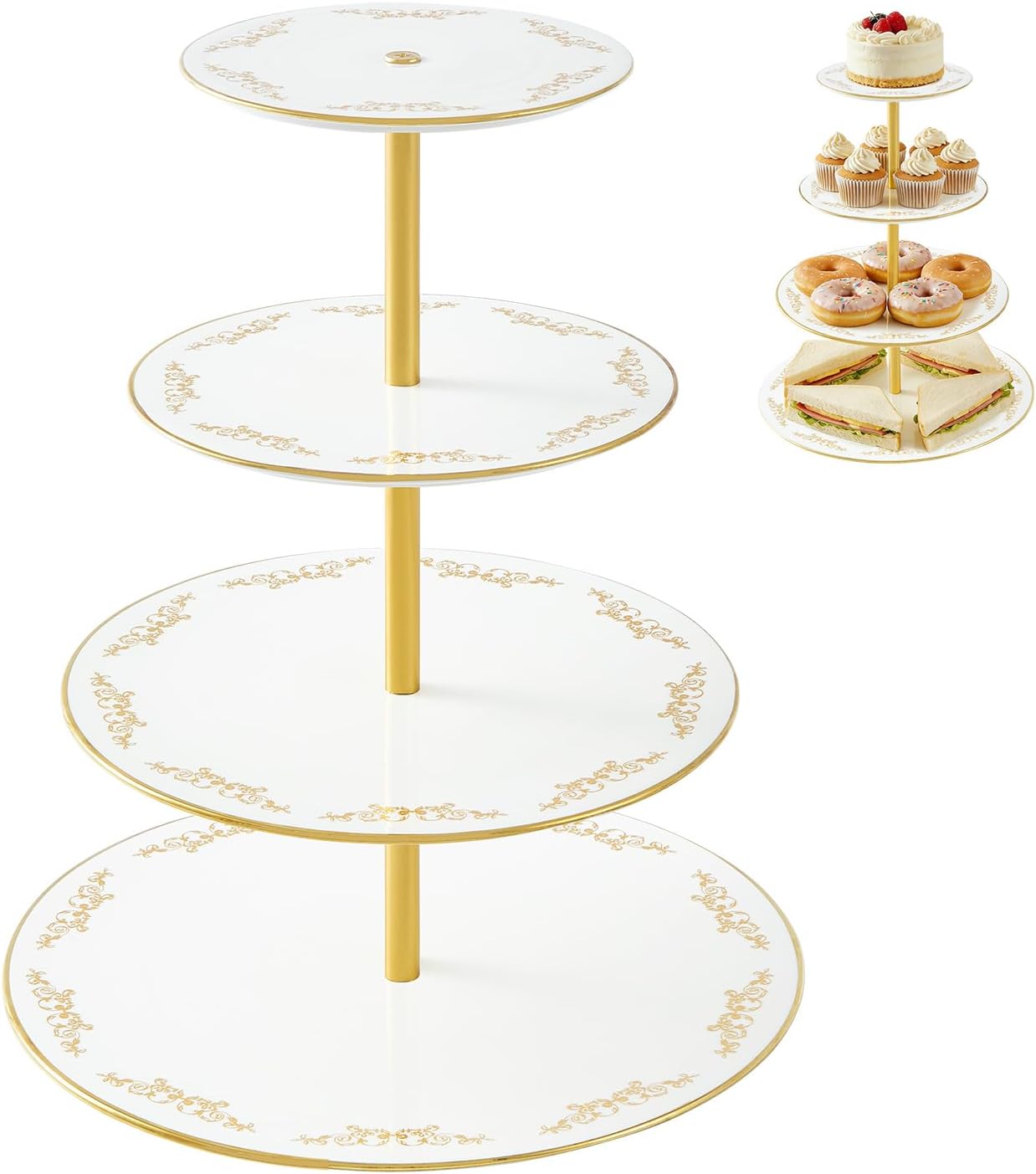 4-Tier Cupcake Stand Tower, British Style Porcelain Tiered Tray with Golden Trim & Pattern, Food Grade Dessert