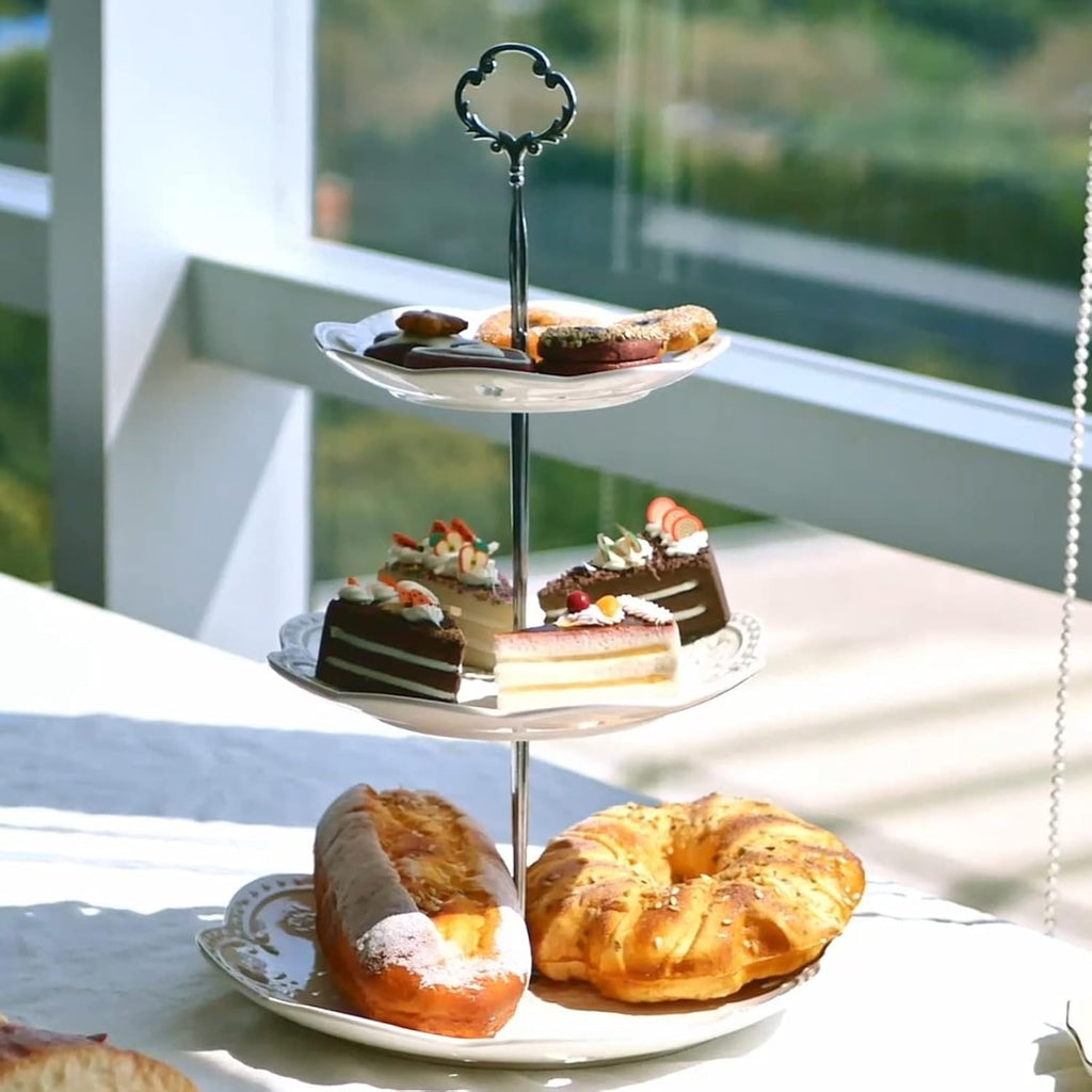 3-Tier Porcelain Cupcake Stand Serving Tray - White Embossed Elegant Dessert Cake Stand - Pastry Serving Stand for