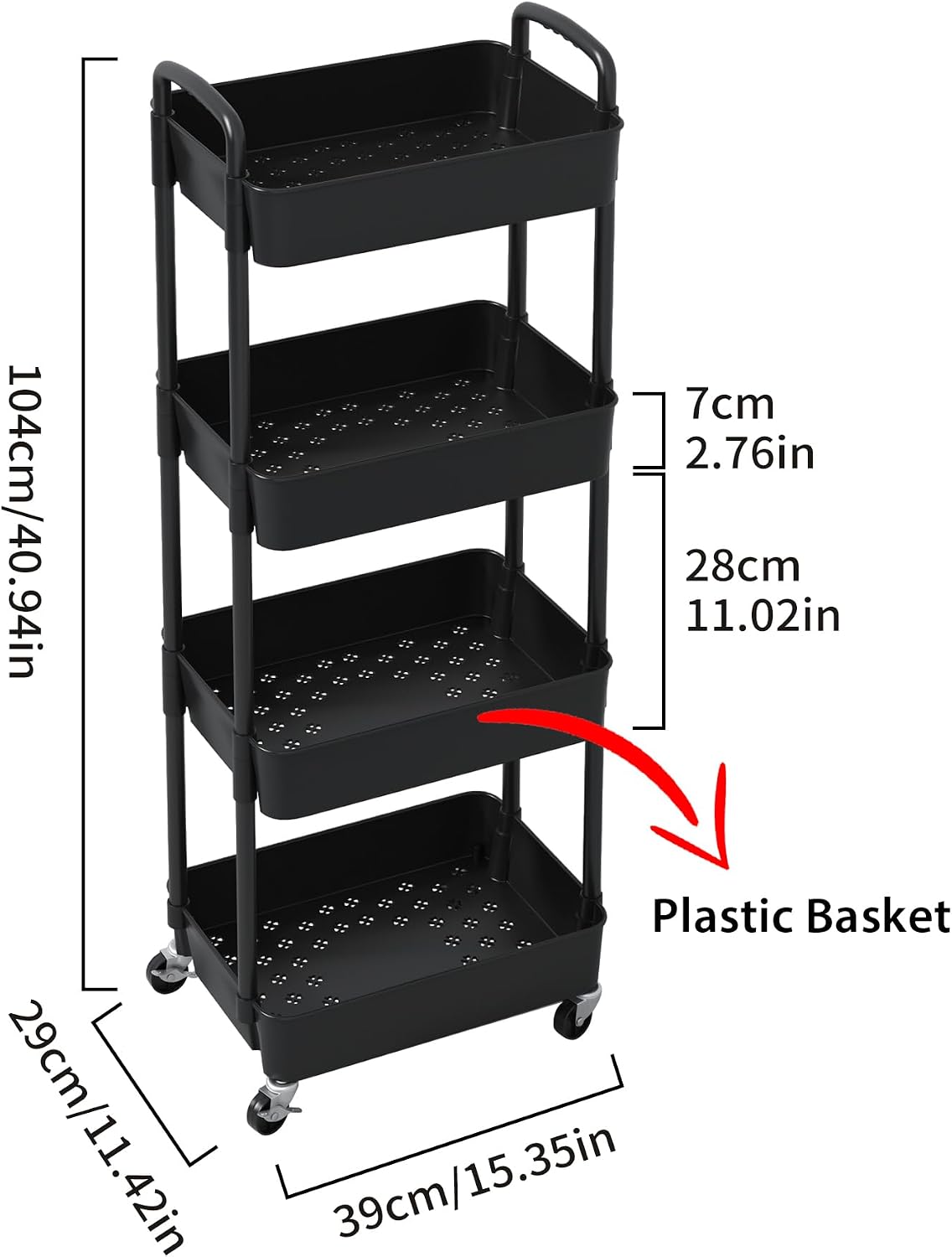 4-Tier Plastic Rolling Utility Cart with Wheels for Storage, Black