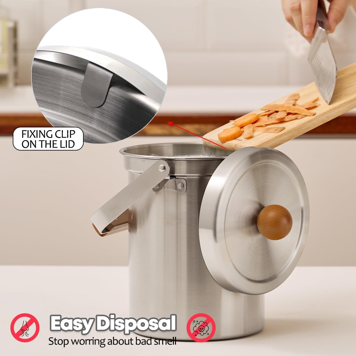 Kitchen Countertop Compost Bin 101ounces / 3Liters with Airtight Lid, SUS304 Stainless Steel Odor-Free Food Waste Bin
