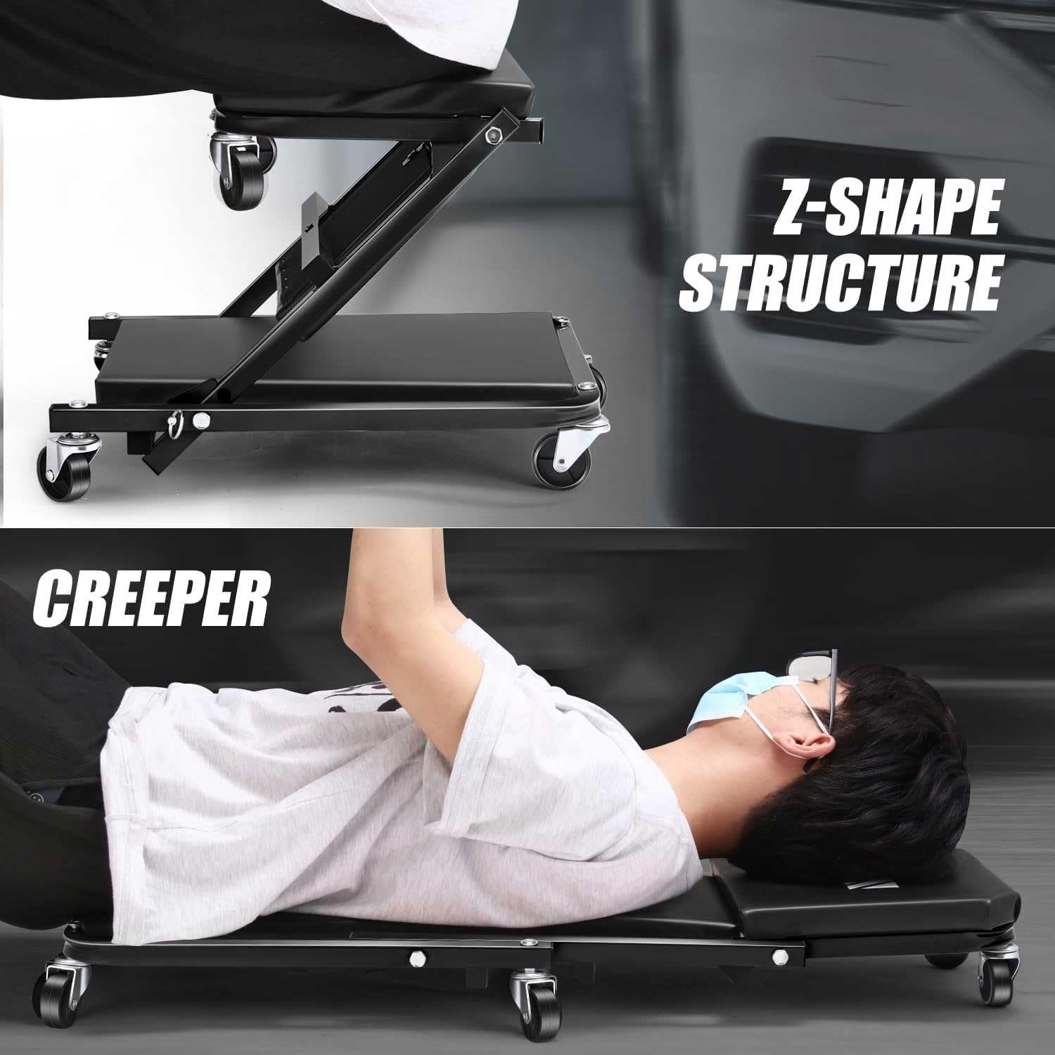 Mechanic Creeper, 36" Z Creeper Seat 300 lbs Capacity Garage Chair, Adjustable 2-in-1 Rolling Folding Creepers with 6