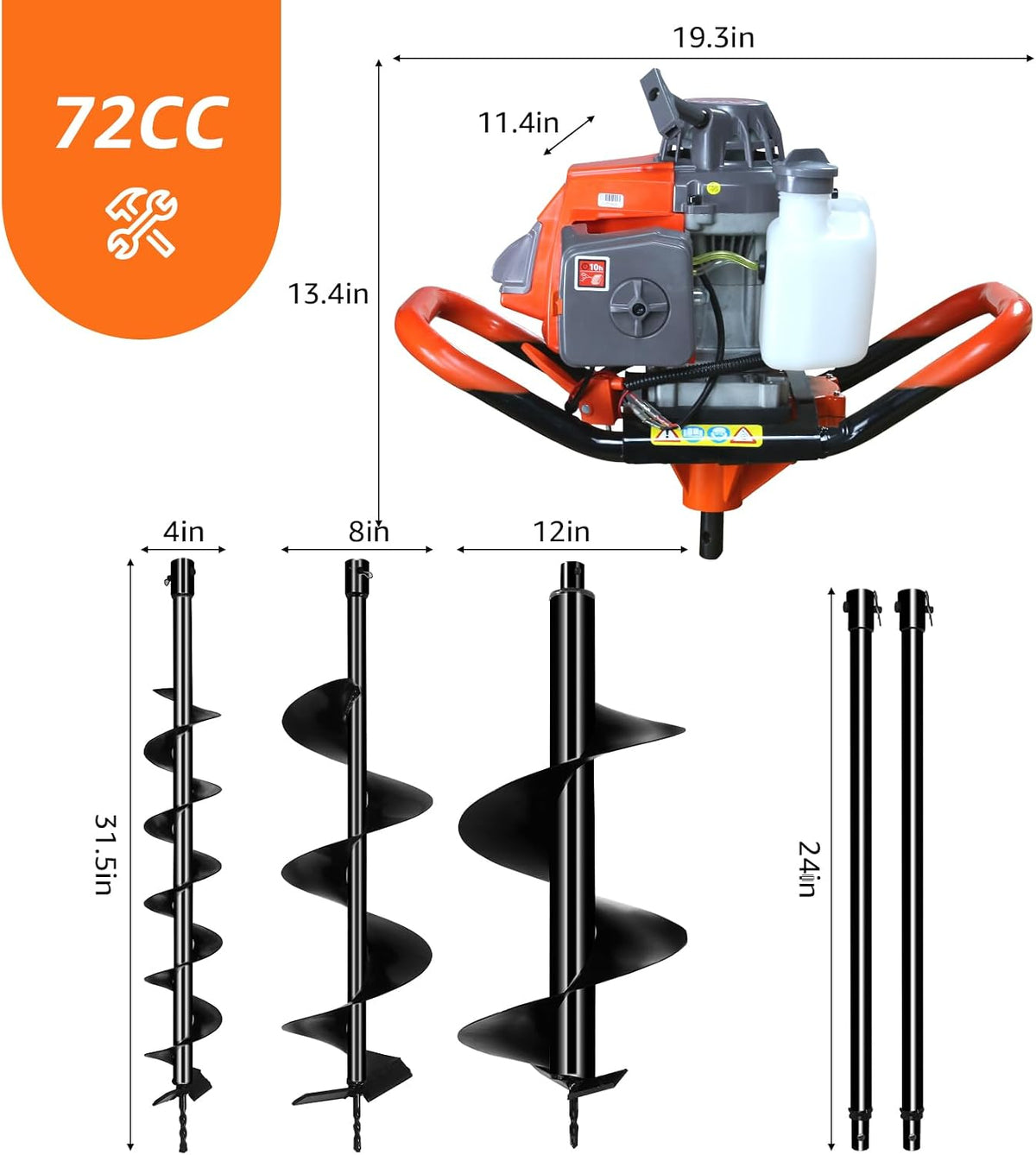 72CC Auger Post Hole Digger Gas Powered w/ 3 Bit & 2 Rods | 4" & 8" & 12" Auger Bits + 24" & 24" Extension Rod, Heavy
