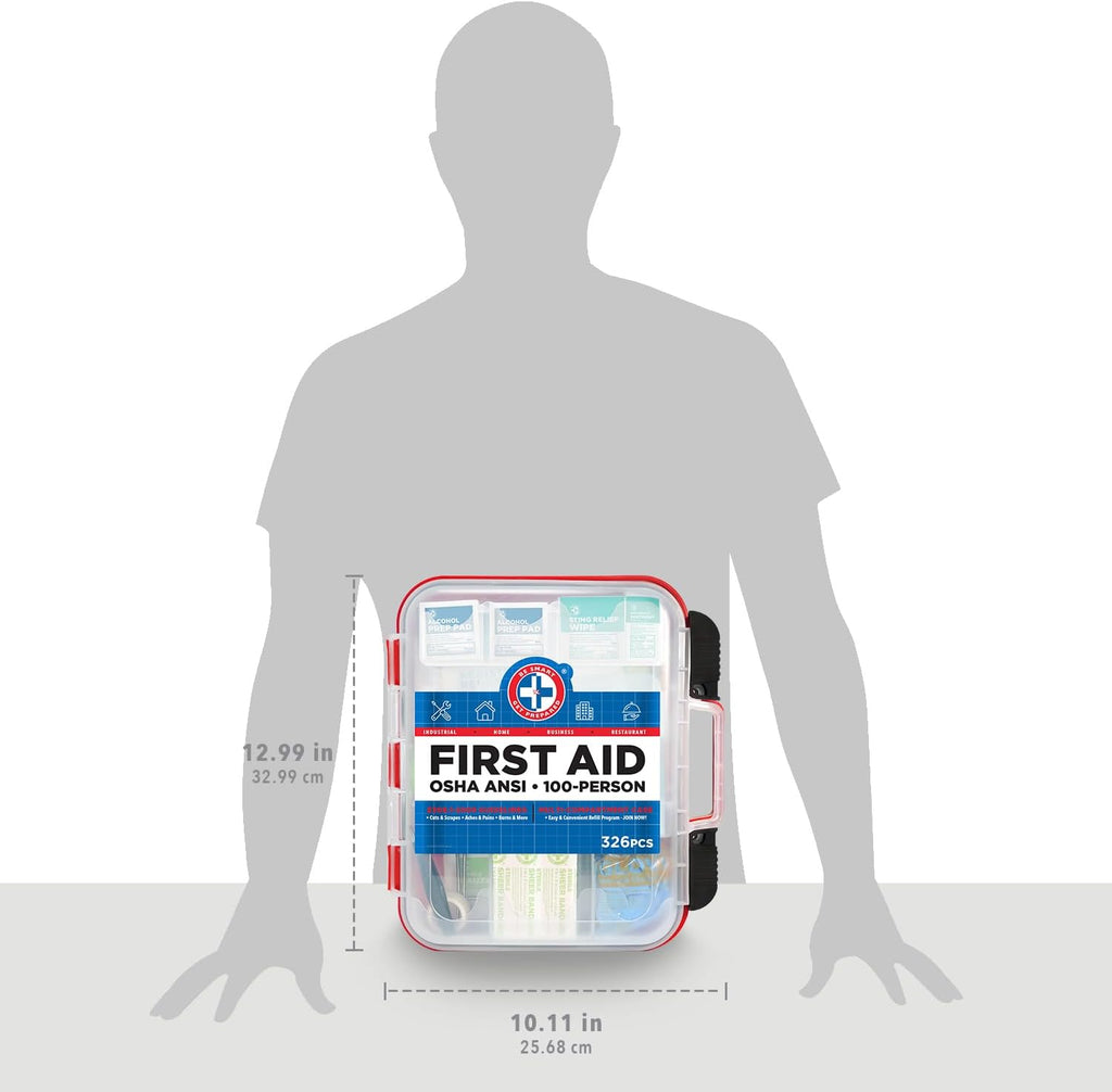 First Aid Kit Hard Red Case 326 Pieces Exceeds OSHA and ANSI Guidelines 100 People - Office, Home, Car, School