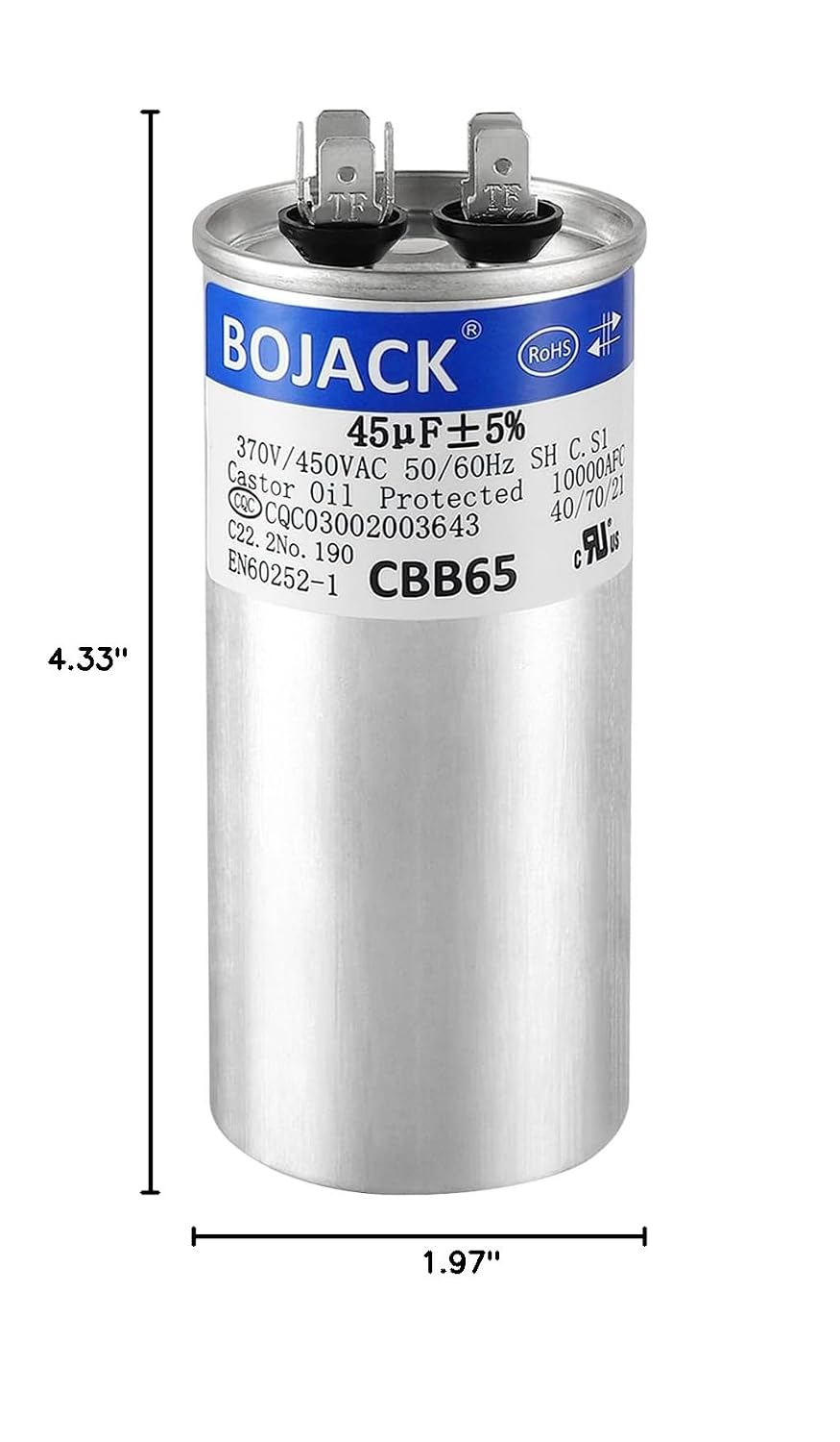 BOJACK 45 uF MFD 370/450 V CBB65 Round Run Start Capacitor for AC Motor Run or Fan Start and Cool or Heat Pump Air Conditione