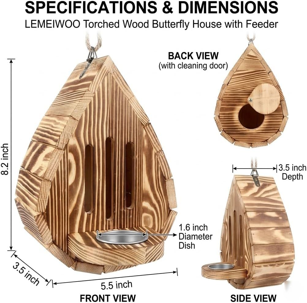 Torched Wood Butterfly House with Feeder, Hanging Insect Habitat for Garden Outdoor, 2-in-1 Backyard Pollinator