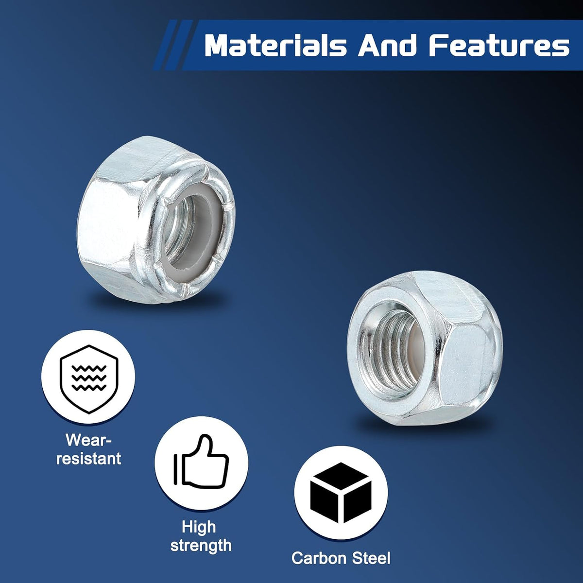 100Pcs #10-24 Nylon Locking Hex Nuts CarbonSteel BlueWhite