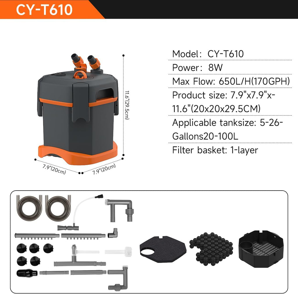 External Canister Filter, Ultra‑Quiet Aquarium Water Circulation Filter with Complete Filter Media Kit, Freshwater &