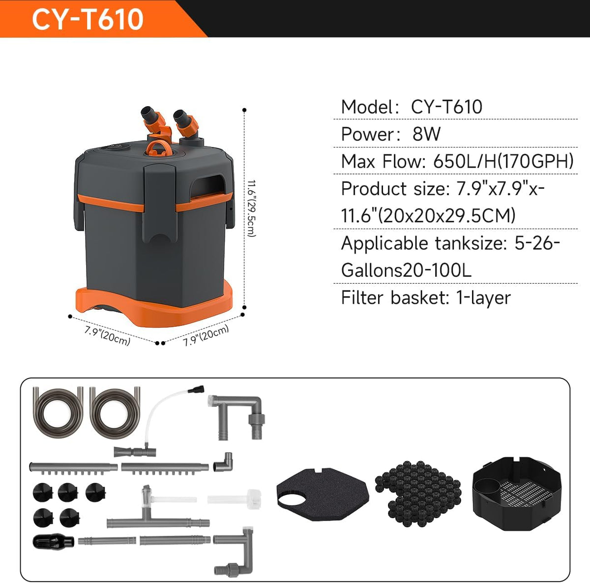 External Canister Filter, Ultra‑Quiet Aquarium Water Circulation Filter with Complete Filter Media Kit, Freshwater &