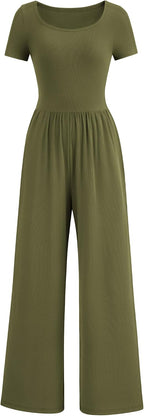 Women's Short Sleeve Wide Leg One Piece Jumpsuit