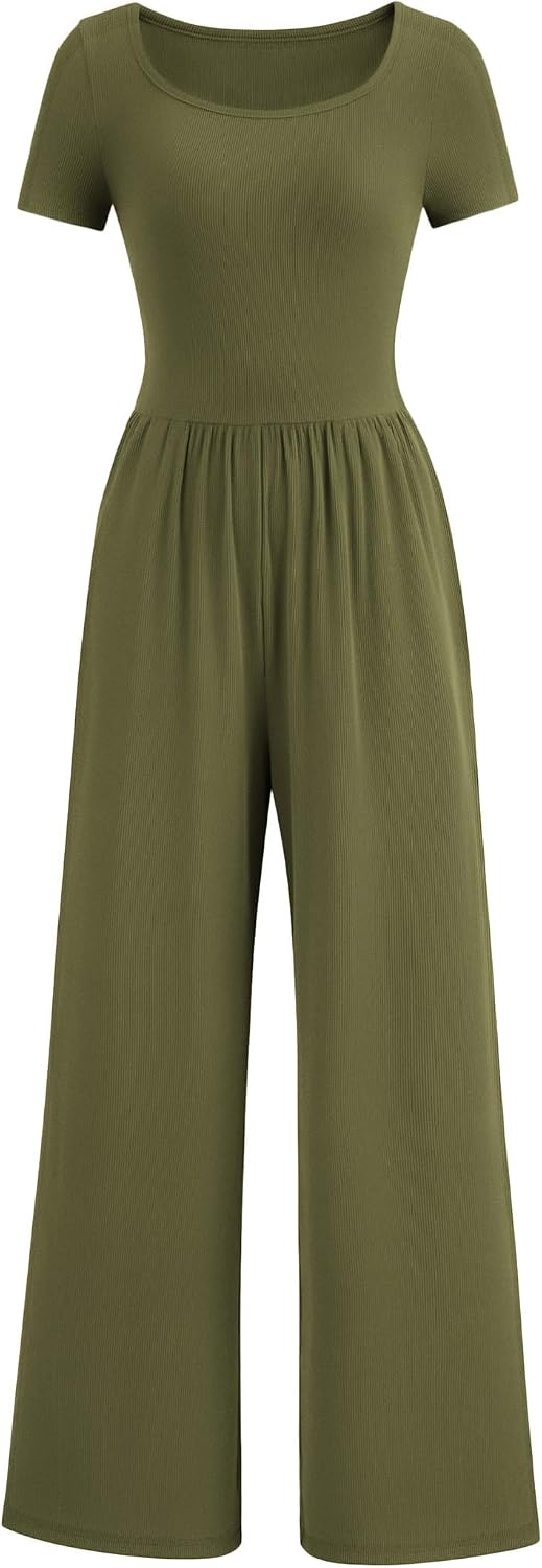 Women's Short Sleeve Wide Leg One Piece Jumpsuit