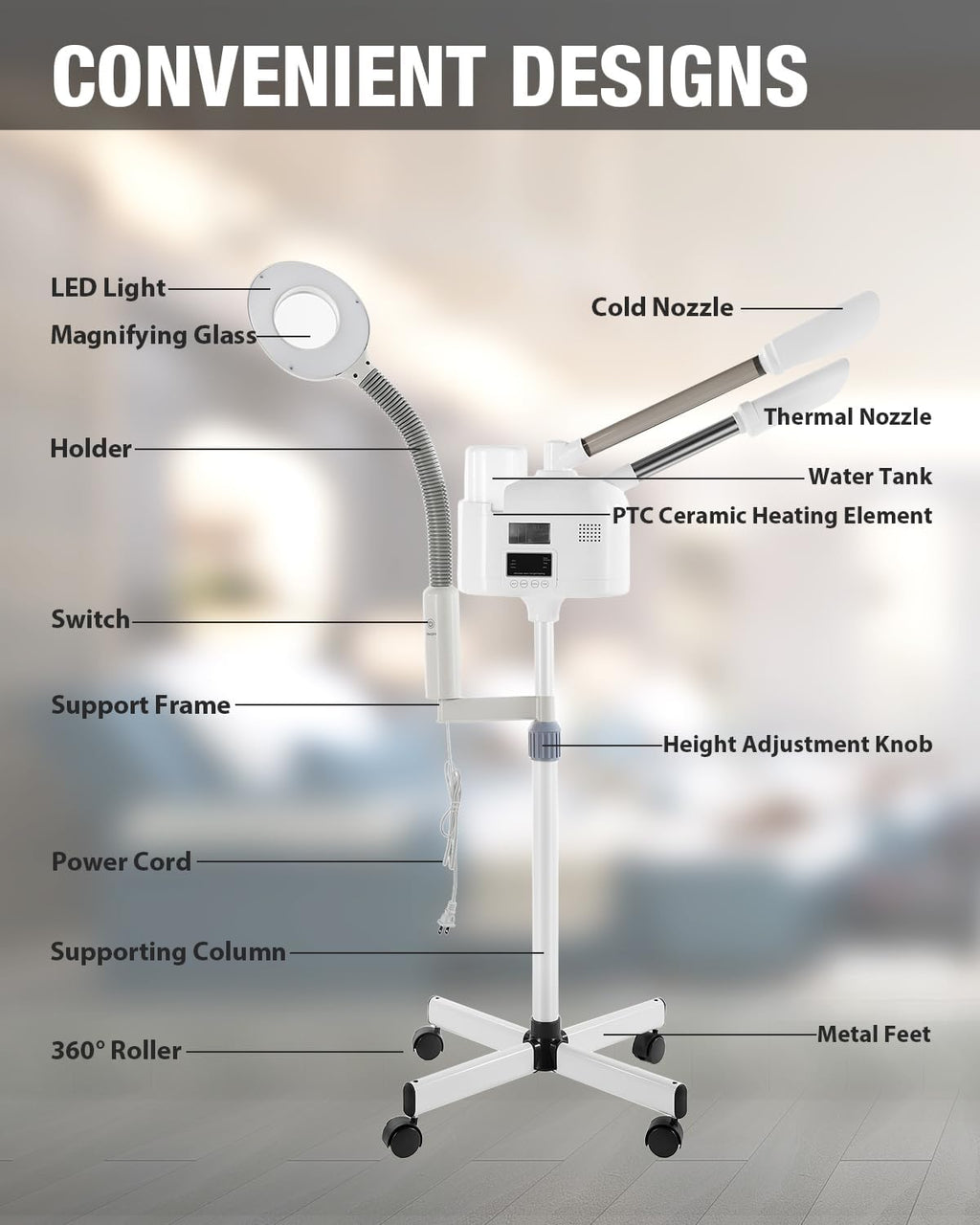 Professional Facial Steamer 3 in 1 Steamer for Face White | 360-Degree Hot and Cold Rotatable Nozzle, 5x Led