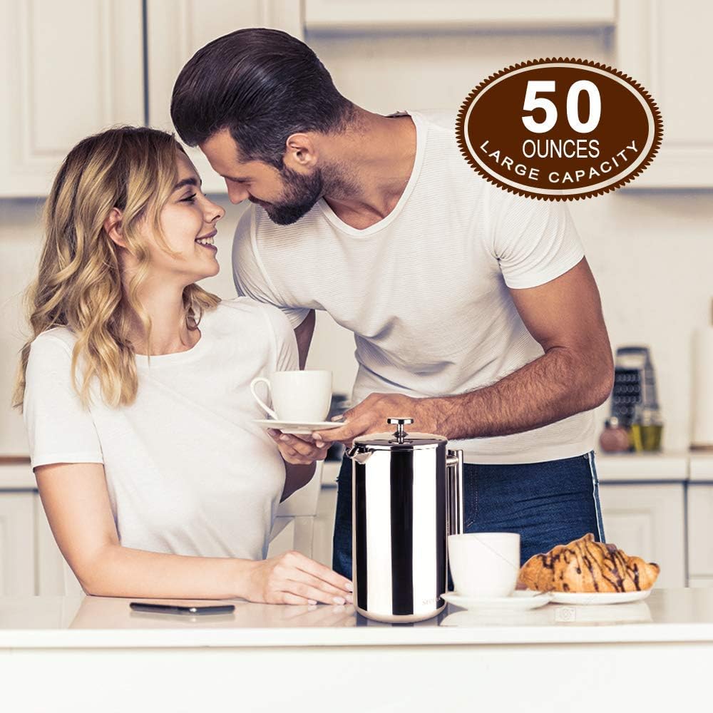 French Press Coffee Maker, 304 Grade Stainless Steel Insulated Coffee Press with 2 Extra Screens, 50oz (1.5 Litre)