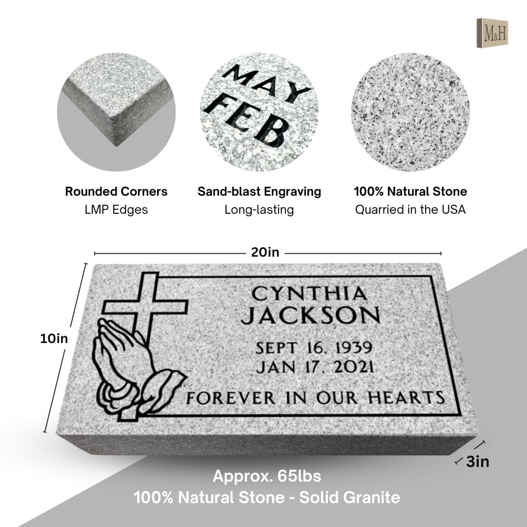 Headstone for Graves - 20 x 10 x 3 - Flat Grave Marker for Cemetery - Gray Granite Monument Grade, Made in The USA