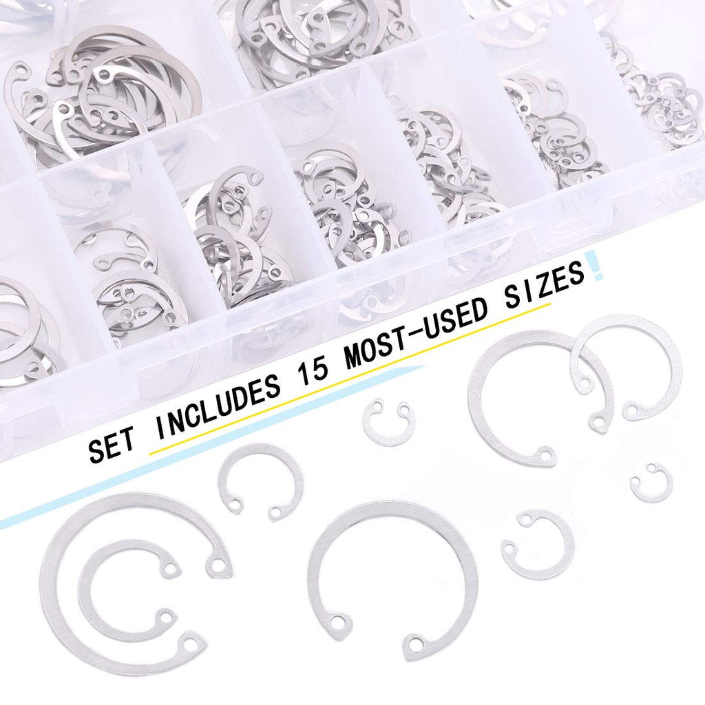 Hilitchi 200Pcs 15Sizes 304 Stainless Steel Internal Snap Ring Circlip Snap Retaining Clip Ring Assortment Set