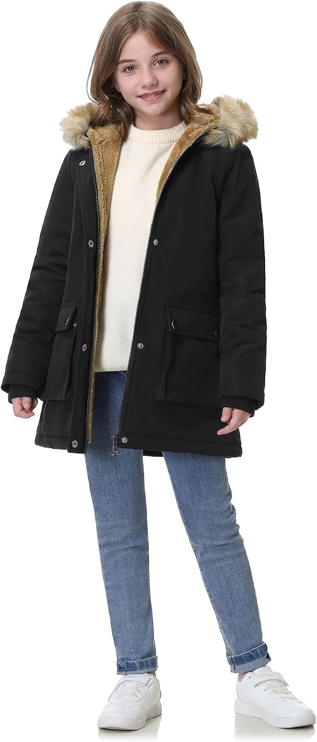 Girls' Winter Fleece Lined Parka Coat, Warm Hooded Puffer Jacket for Kids | Removable Faux-fur Trim, Two Large