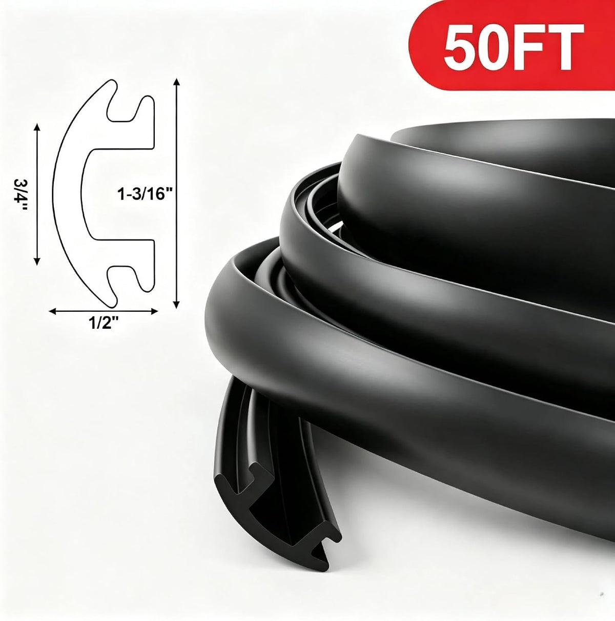 50 ft Boat Rub Rail Insert, 1-3/16" Black Marine PVC Bumper for Boats Kayaks