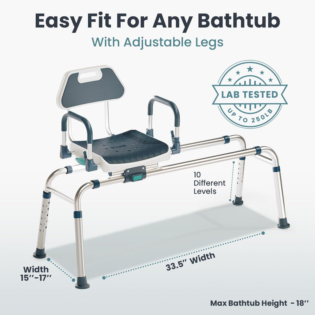 Sliding Shower Chair Tub Transfer Bench with Swivel Seat, Shower Bench for Elderly and Disabled, with Security Belt