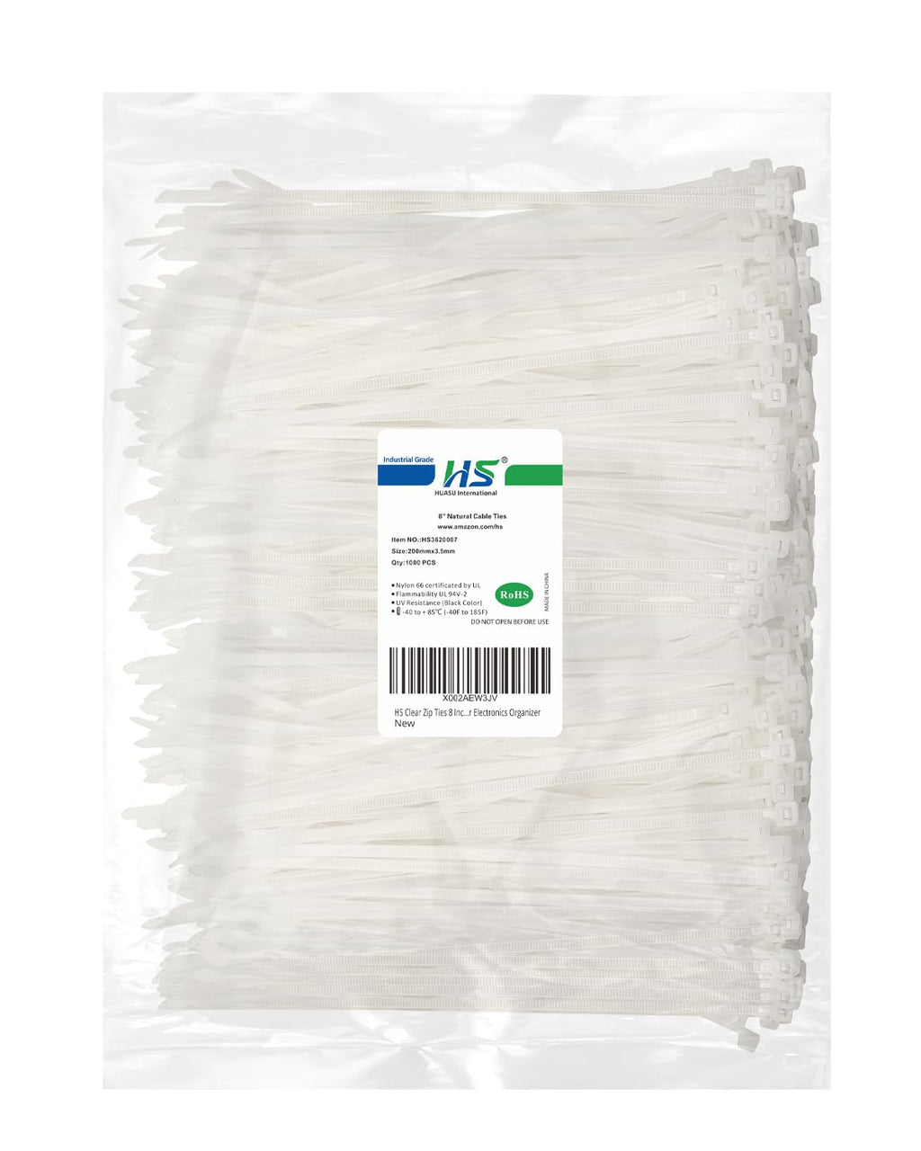 HS Clear Zip Ties 8 Inch (Bulk-1000 Pack) Nylon Cable Ties 40 Lbs Self-Locking Wire Ties for Electronics Organizer