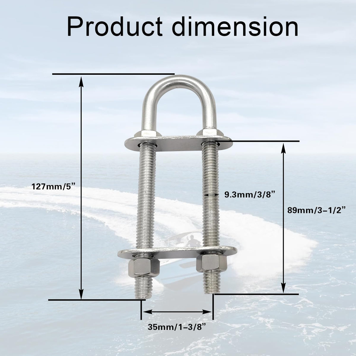 Marine Boat Stern Eye Tie Down U Bolt 3/8" Dia 3-1/2" Thread Length 2 Pack